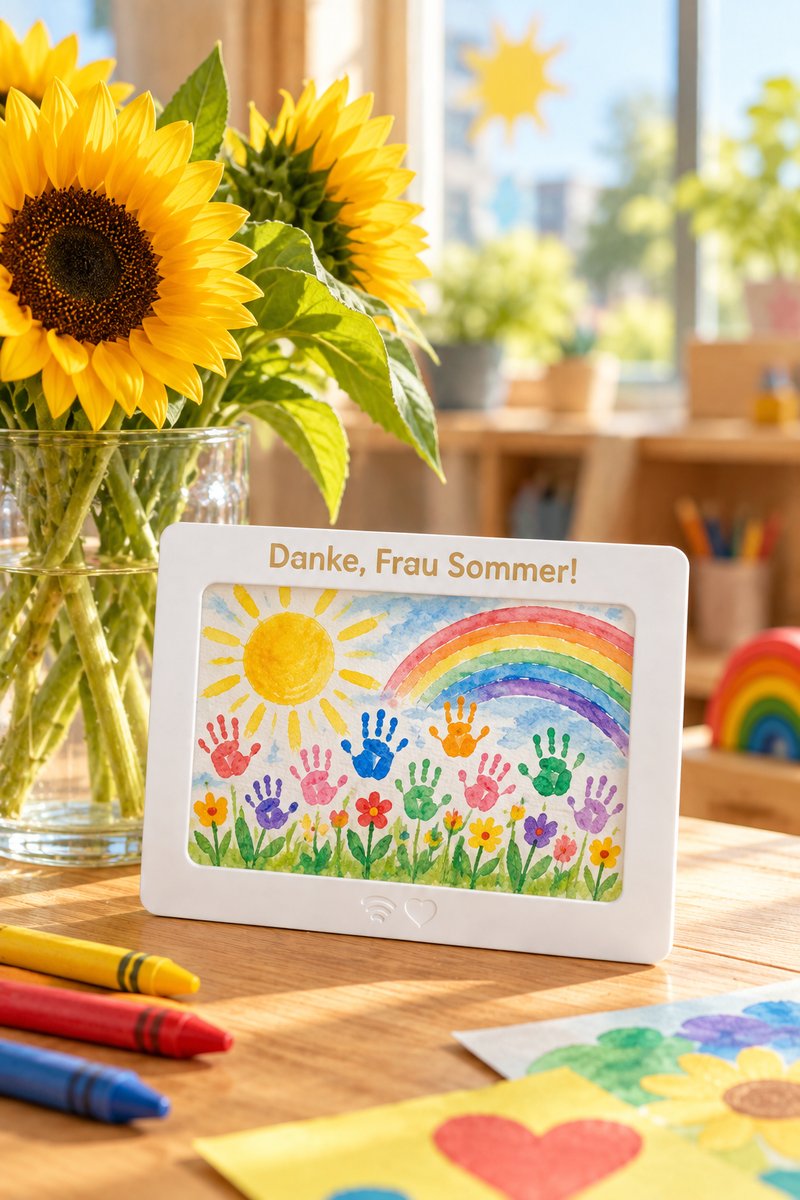 Beispielszene (KI-generiert): Gruppenkarte mit der Zeile „Danke, Frau Sommer!“ und einem bunten Kinderbild mit Handabdrücken, Sonne und Regenbogen neben Sonnenblumen und Wachsmalstiften