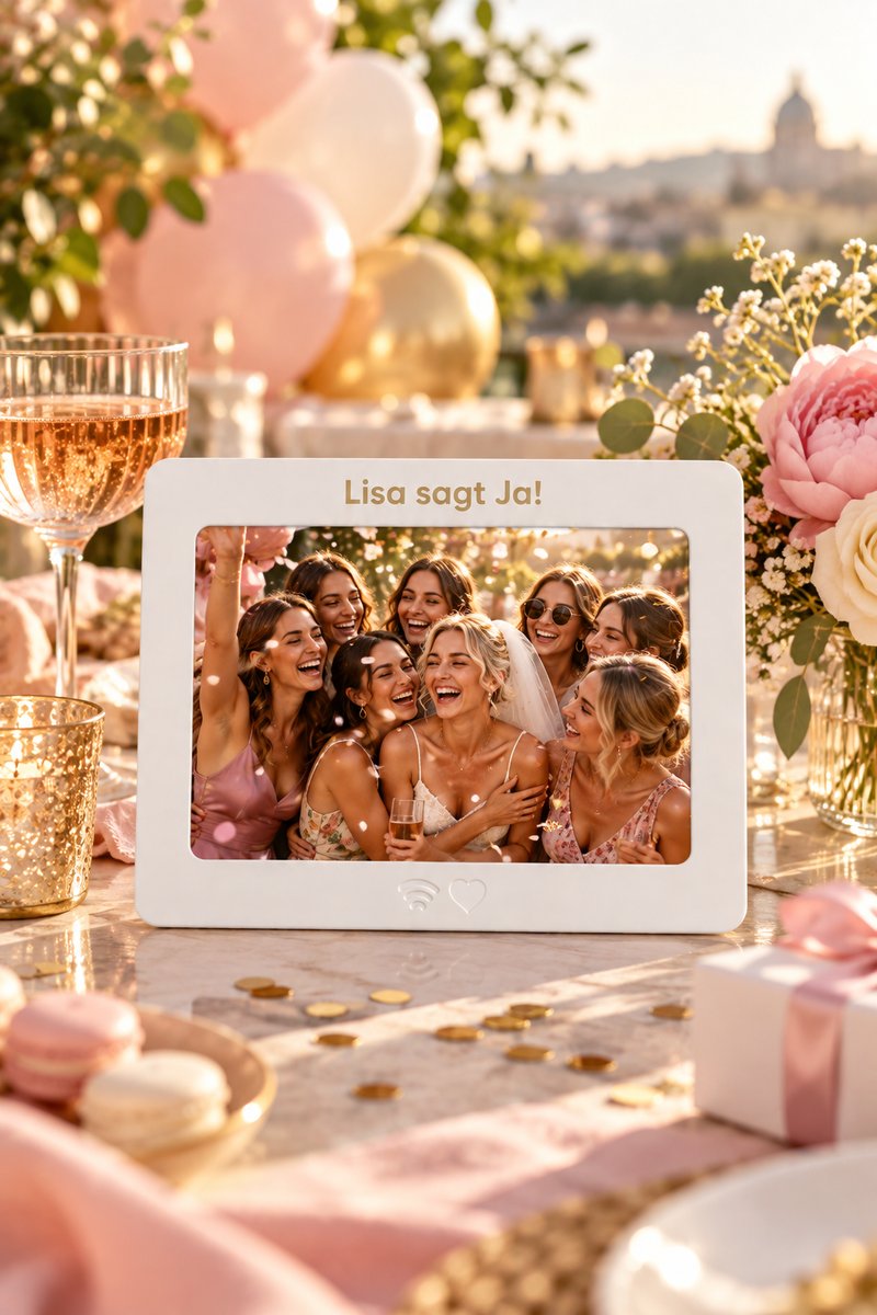 Beispielszene (KI-generiert): Gruppenkarte mit der Zeile „Lisa sagt Ja!“ und einem Foto lachender Freundinnen auf einem festlich gedeckten Tisch mit Luftballons und Pfingstrosen