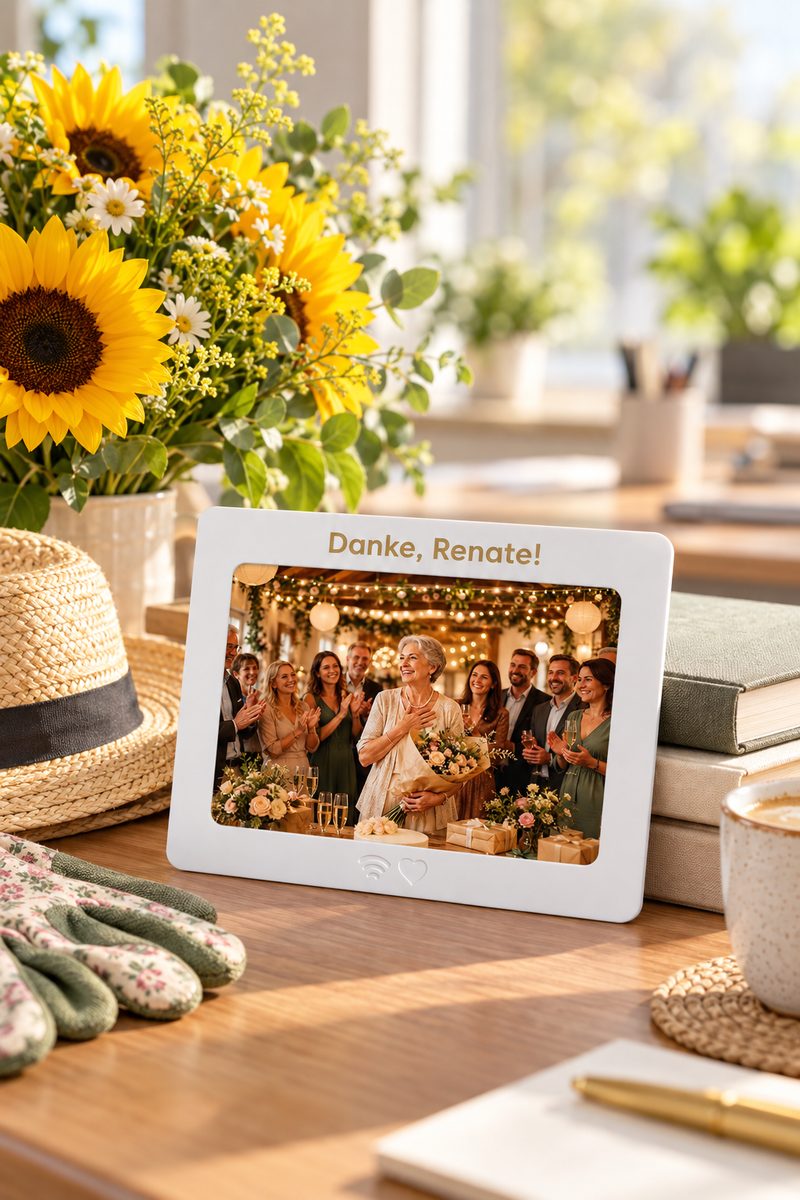Beispielszene (KI-generiert): Gruppenkarte mit der Zeile „Danke, Renate!“ und einem Teamfoto auf einem sonnigen Schreibtisch mit Sonnenblumen und Strohhut