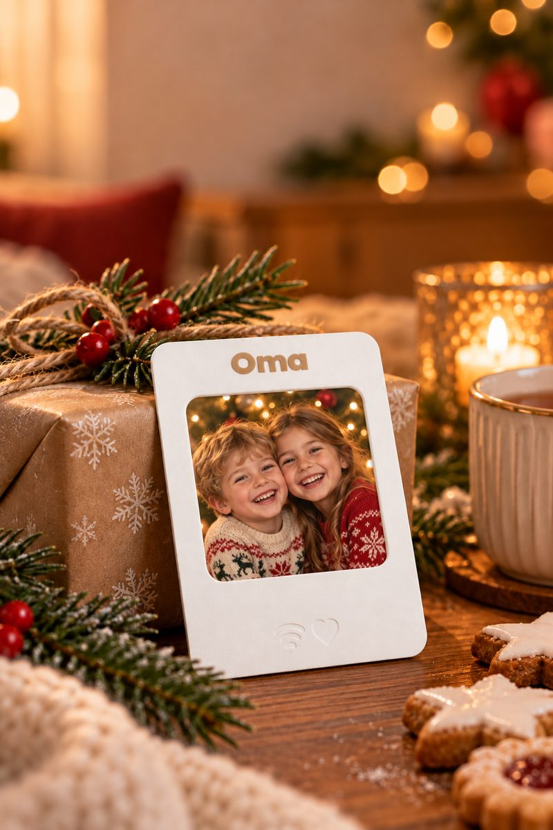 Beispielszene (KI-generiert): Sprachzauber-Karte mit der Beschriftung „Oma“ und dem Foto zweier lachender Kinder in Weihnachtspullis neben Geschenk, Kerze und Plätzchen