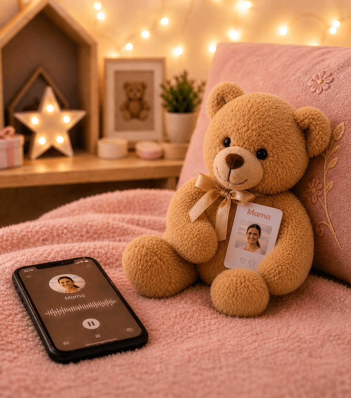 Teddy mit Sprachzauber-Karte und Smartphone